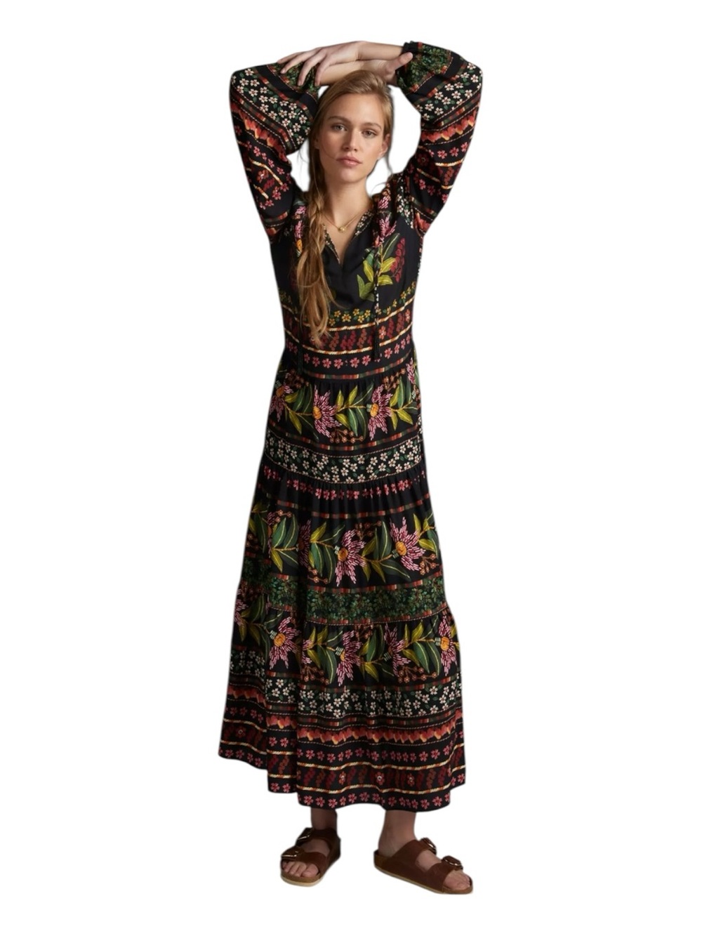 Farm Rio large petite Glynn tropical boho Floral Black Long Sleeve Maxi Dress